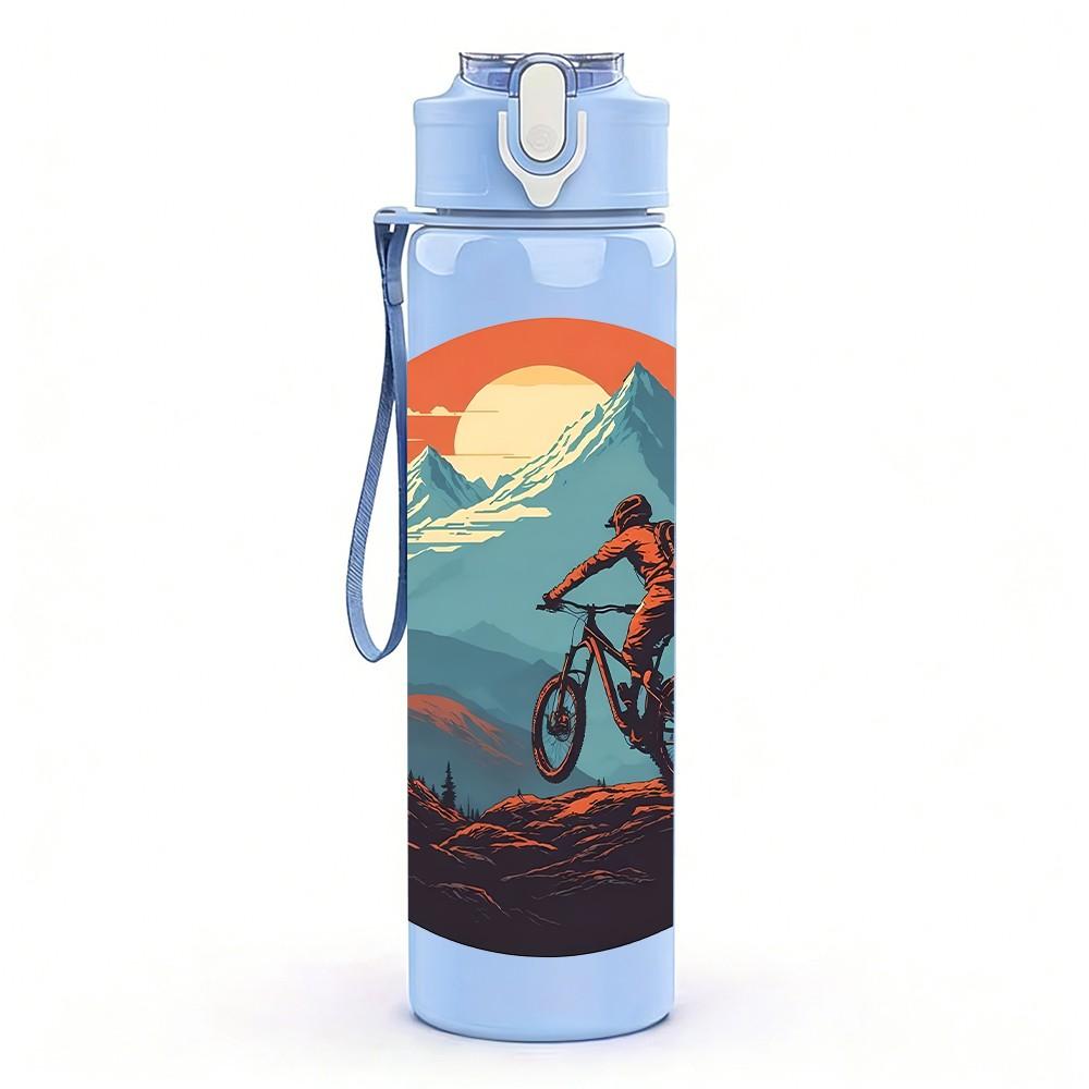 1PC Mountain Biker Sunset Retro Print 750ml Color Plastic Sports Water Bottle Leakproof Flip Straw Lid Suitable for Sports Office Home Use