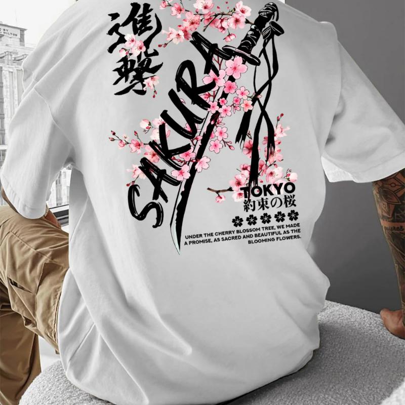 Nuova T-shirt Estiva da Uomo con Motivo Spada Samurai Fiore Viola Adatta per l'Uso Quotidiano Materiale Puro Cotone Donna Versatile