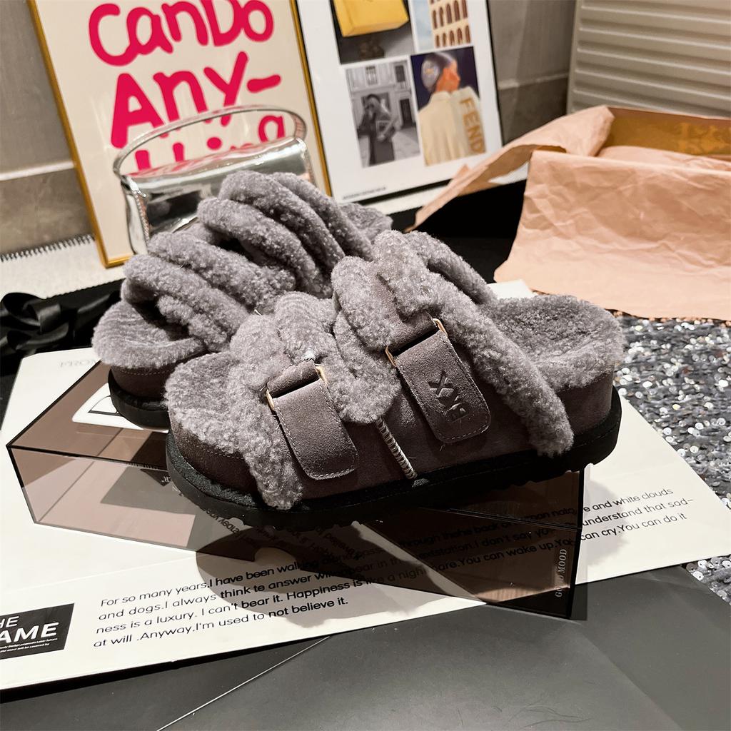 Women's Platform Plush Shoes Winter New Height Increase Outdoor Non Slip One Word Slippers Thicken Warm Comfort Cotton Slippers