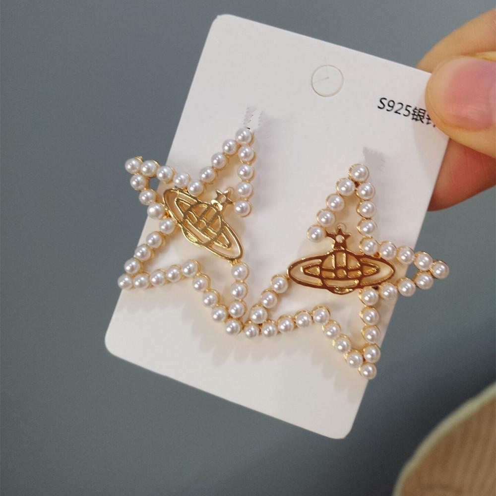 Korean S925 Sterling Silver Needle Exaggerated Star Stud Earrings Temperament Pearl Five-pointed Star Earrings Versatile Super Fairy Earrings