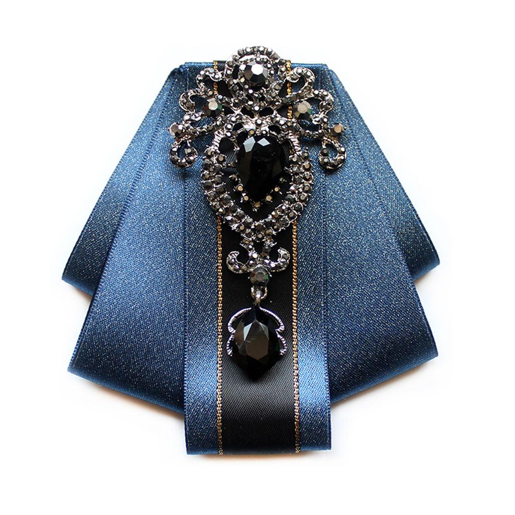 Silk Ribbon Bowtie Brooch Pin Mens Women Wedding Party Vintage Pretied Necktie Clip Crystal Bowknot Shirt Collar Tie