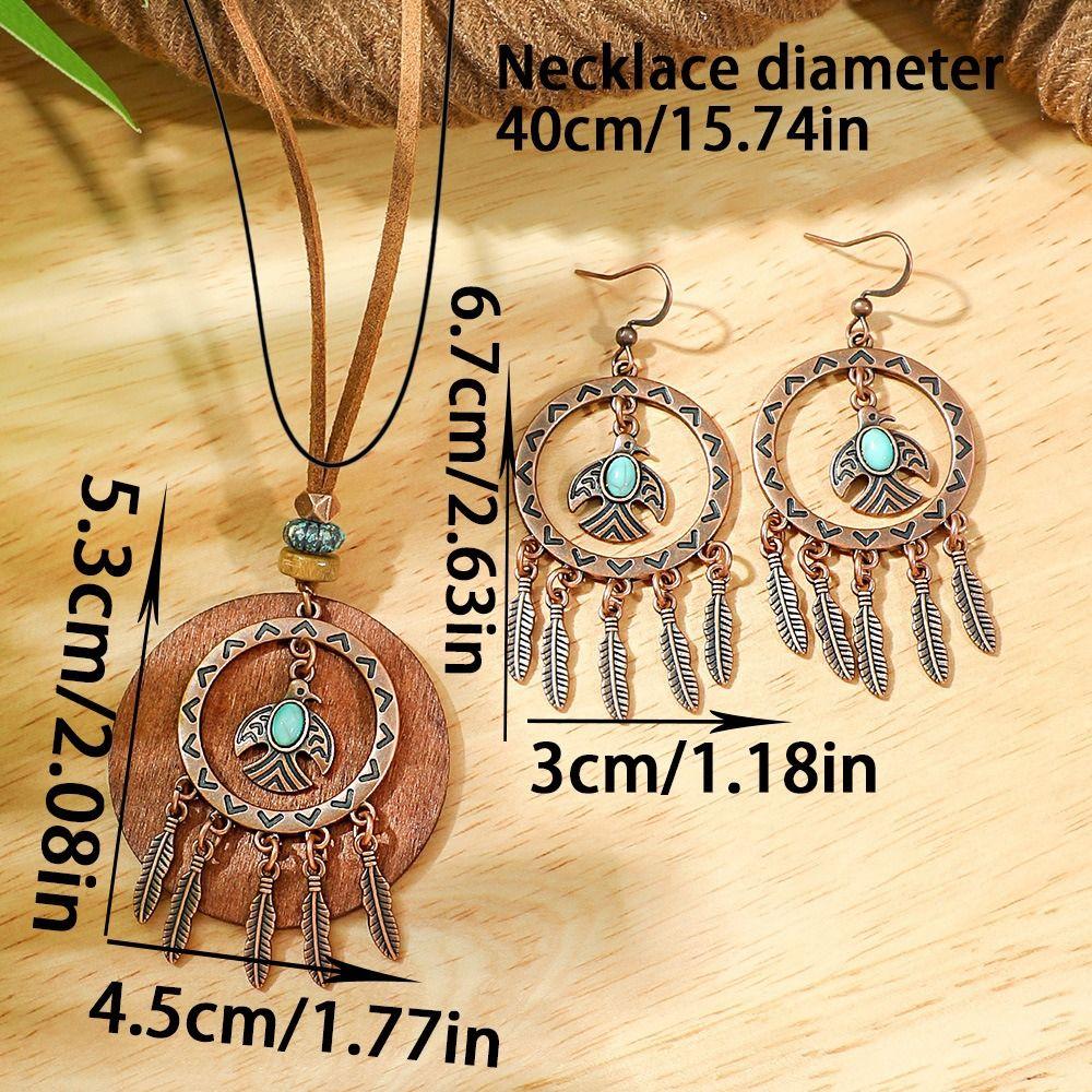 Wood Geometric Jewelry Set Vintage Distressed Finish Sweater Chain Women Pendant  Daily Outfit