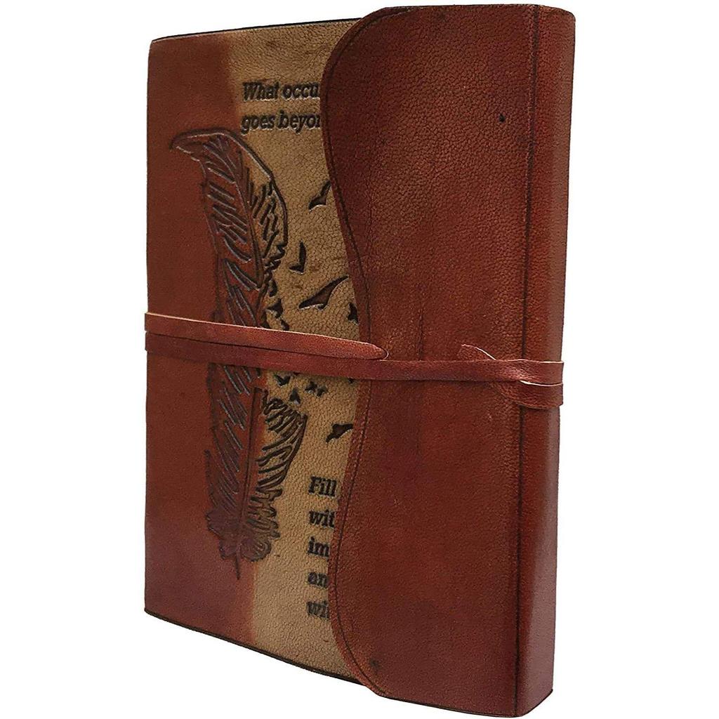 Leather Journal Feather Notebook Travel Writing Diary or Vintage Sketch Book Cotton Paper for Men & Women (7x5 Inch), Brown