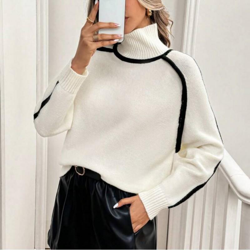 Womens Striped Sweater Half Turtleneck Loose Fit Casual Fall Knitwear Street Style