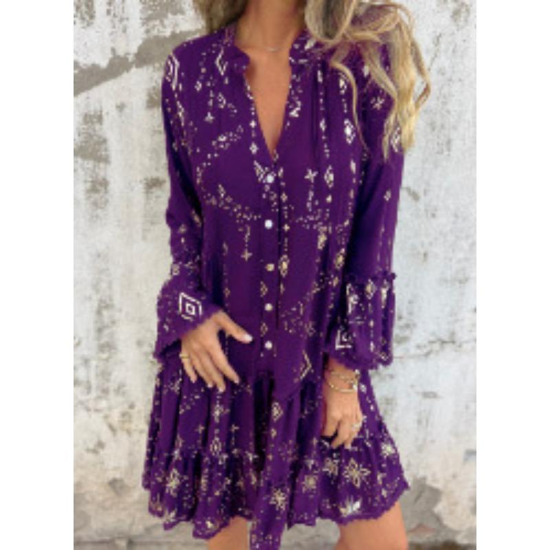

Solid Color Hot Stamping Lace Sleeve Hollow Out Plus Size Dress 5XL фиолетовый