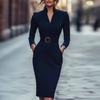 New Elegant V Neck Midi Pencil Work Dress Woman Casual Solid Slim Bodycon Dresses Autumn Long Sleeve Pocket Party Dress Vestidos