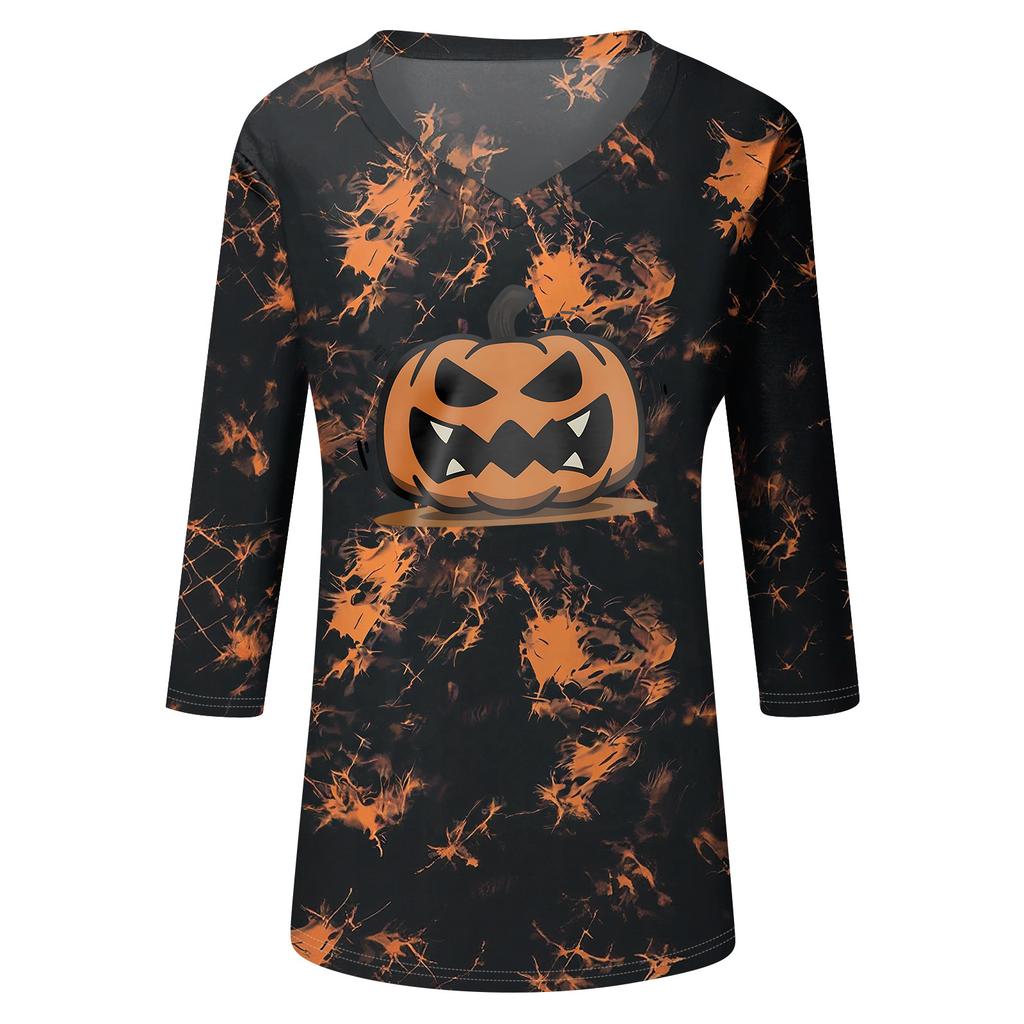 Women's Casual Halloween Print V-Neck Three-Quarter Sleeve Blouse for Festive Occasions
