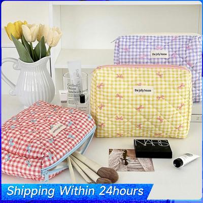 Trousse de Maquillage de Voyage Mignonne à Carreaux avec Fermeture Éclair Nécessaire de Toilette Organisateur Cosmétique Matelassé en Coton pour Femmes et Filles