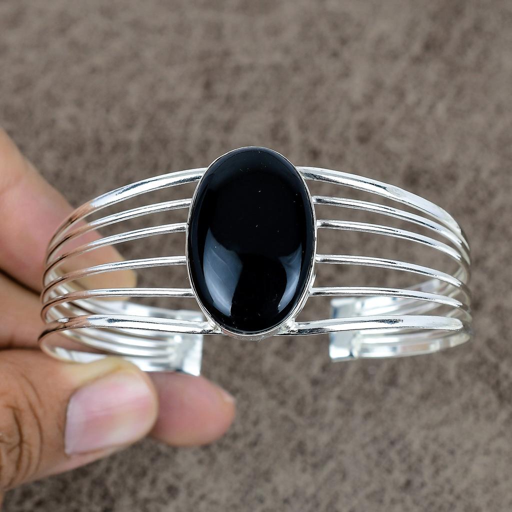 Black Onyx Gemstone Handmade 925 Sterling Silver Cuff Bangle Adjustable KKG-195