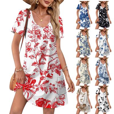 Women's Summer V-neck Casual Beach Dress Short Sleeve Floral Print Dress