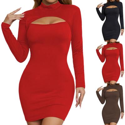Women's Fashion Chest Hollow Long Sleeve Short Dress Solid Color Dress