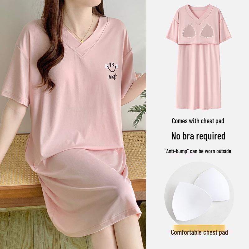 Women's Summer Modal Pajamas: Short Sleeve, Thin Style, with Chest Pads, Round Neck – Sweet Student Homewear