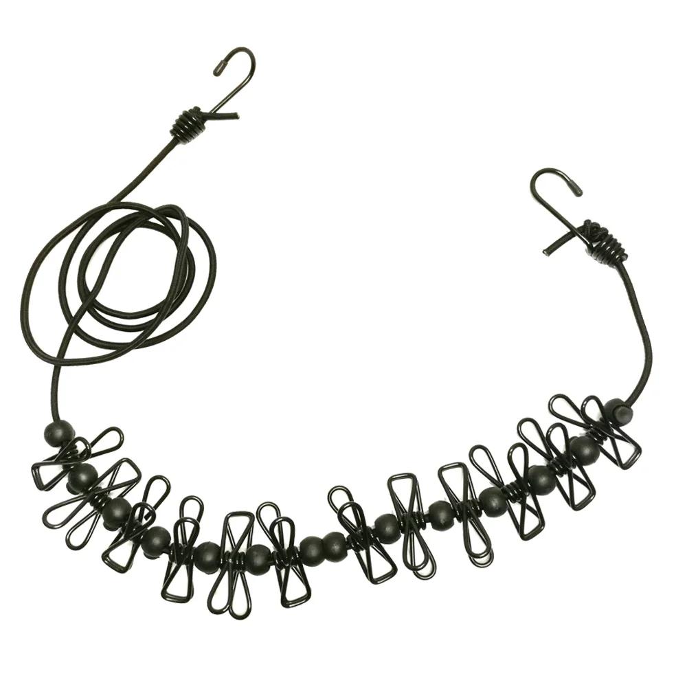 

4 м Нескользящая эластичная бельевая веревка для кемпинга на открытом воздухе с 12 зажимами, дорожная эластичная веревка для белья, веревка для носков, подвесная веревка для сушки белья чёрный