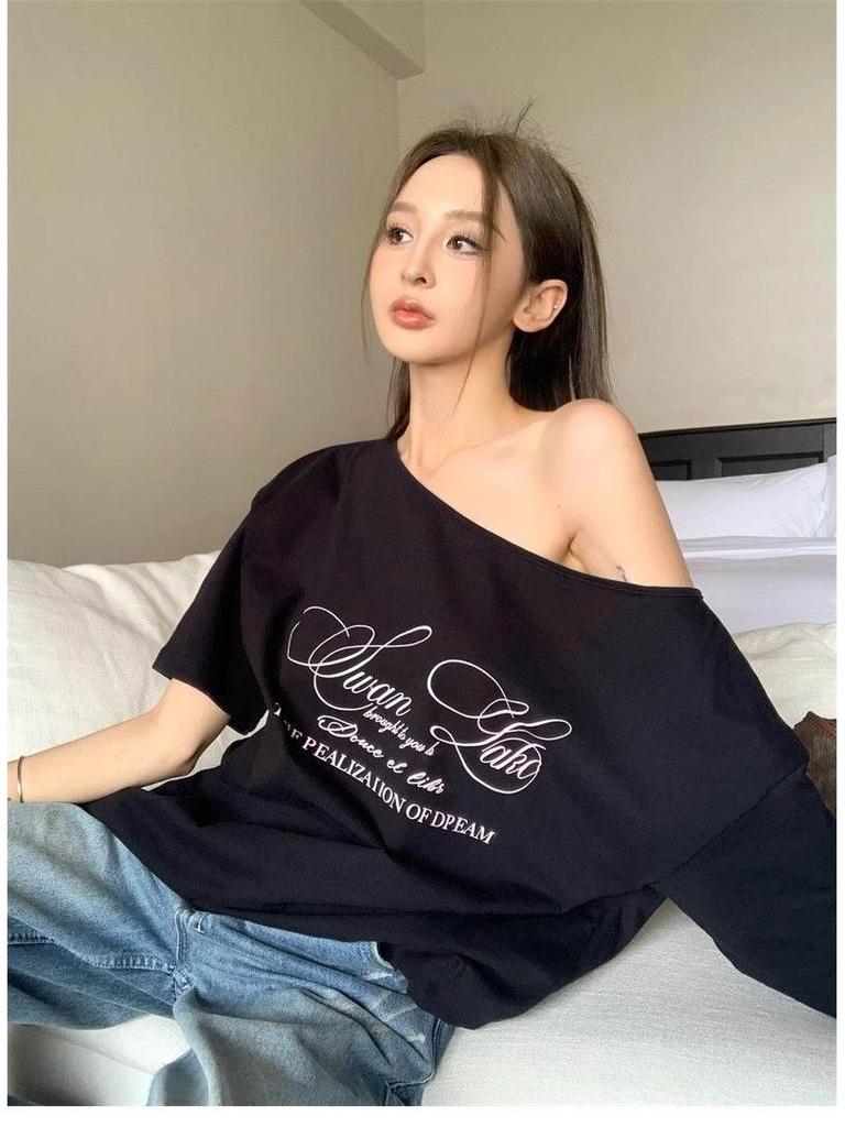 Women's Retro American Letter Print Off-Shoulder T-Shirt – Short Sleeves, Casual Loose Fit, Summer Style