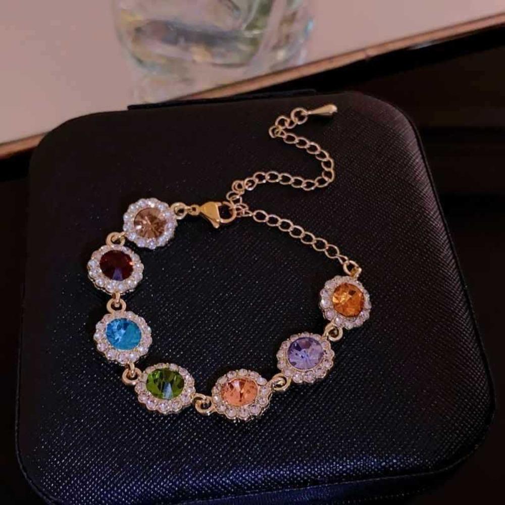 Adjustable Rainbow Rhinestone Bracelet Shiny Colorful Hand Chain Elegant Zircon Bracelet  Gifts