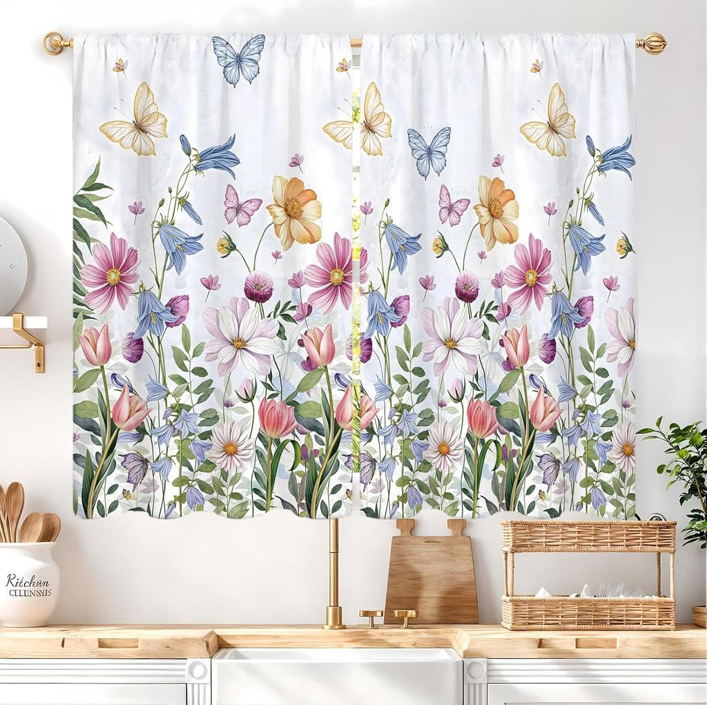 Purple Floral Butterfly Lilac Window Curtains Spring Flower Summer Girls Nature Garden Plant Drapes Treatment Curtain Polyester With Rod Pocket