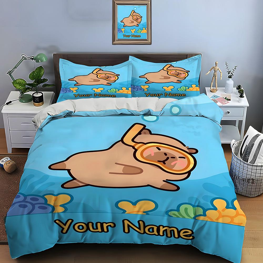 Comforter Personalization Custom Name Cartoon Capybara Print 3 Pieces Setting Bed King Size Bedroom Bed Set Gifts