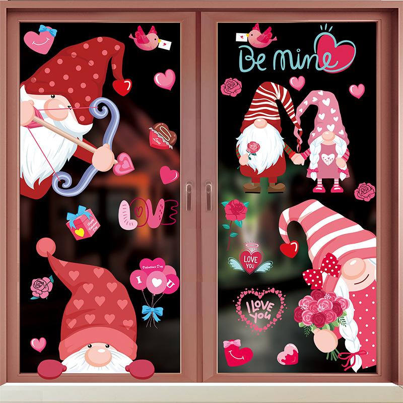 9pcs Valentine's Day Gnomes No Glue Static Sticker Window Glass Refrigerator Sticker