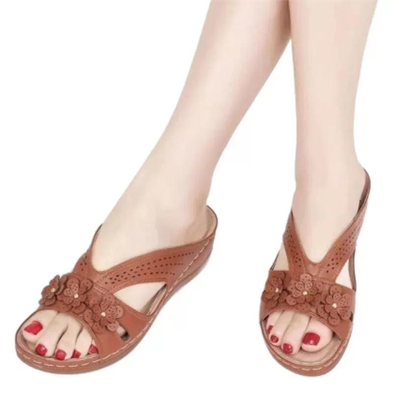 European and American large size retro flower slope heel cool slippers new casual beach fish mouth one-word sandals