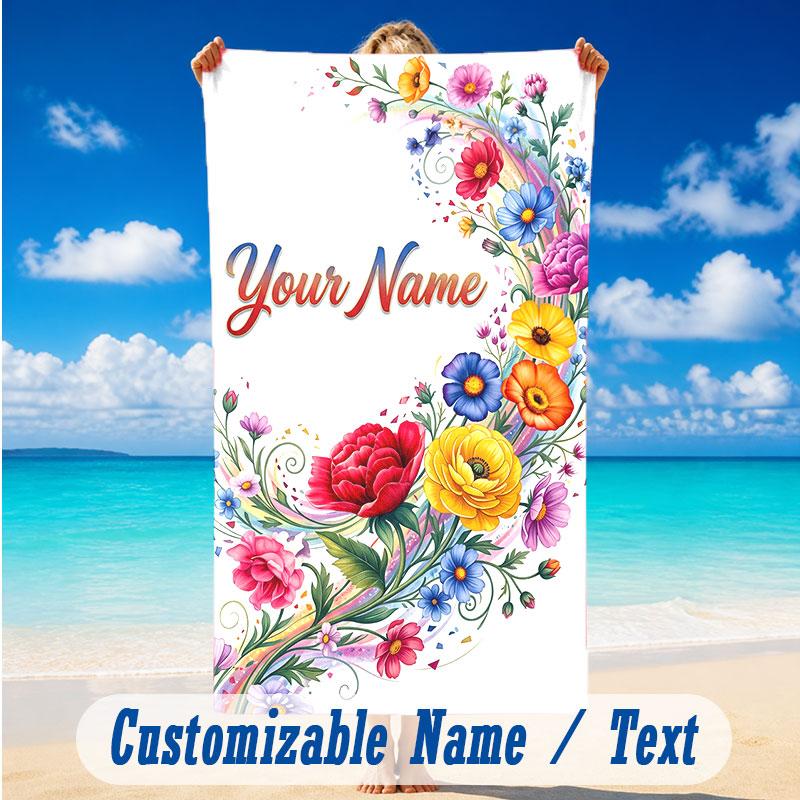 Floral Garden Theme Beach Towel Personalized Custom Name & Text Soft Quick Dry Beach Towel for Swimming Travel