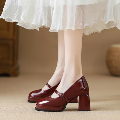 Spring New Versatile Small Leather Shoes Red Wedding Thick Heel Heightening Waterproof Table Mary Jane Shoes Women's Single Shoes
