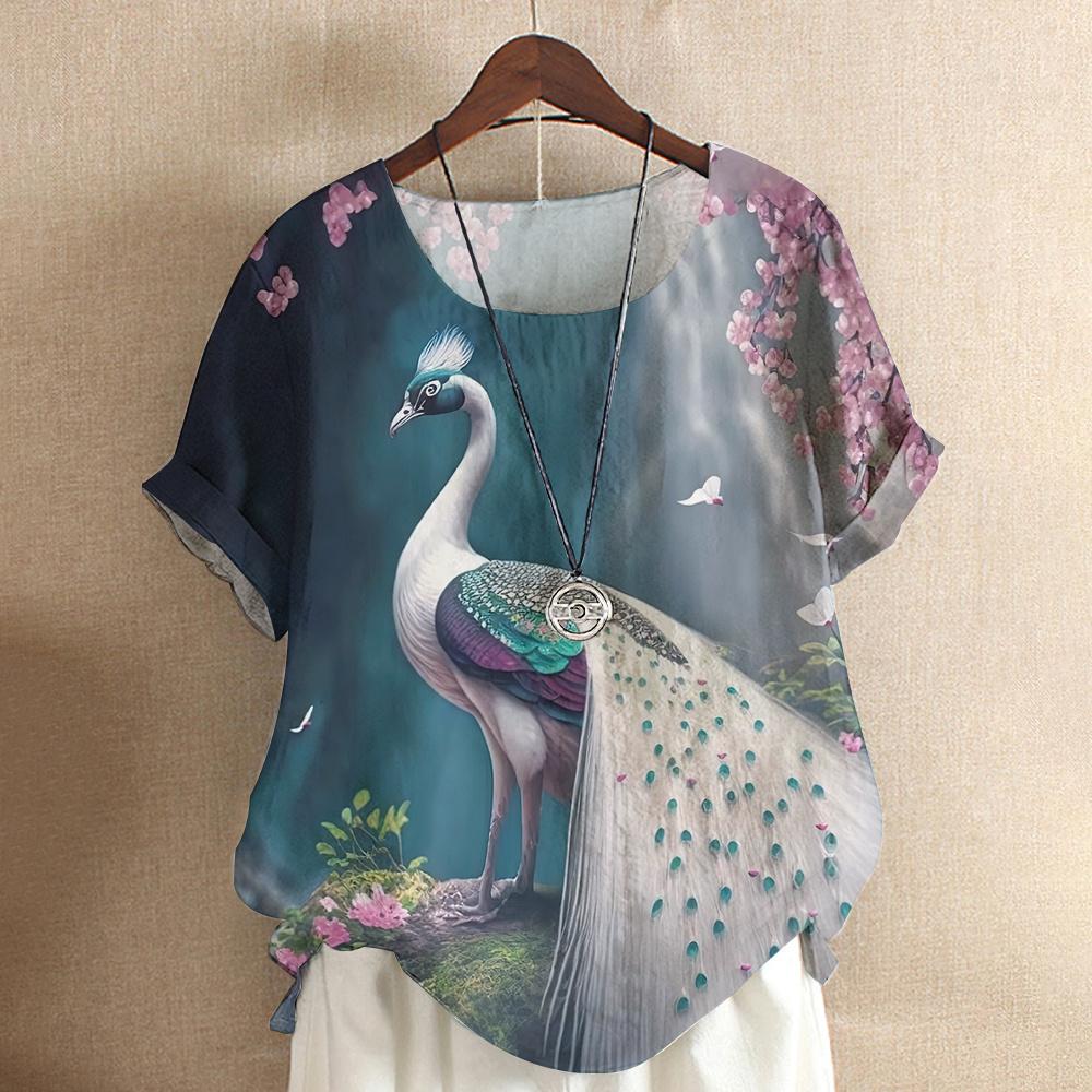 Harajuku Casual Short Sleeve Top Tee O Neck Oversized Female Clothing Women's T-Shirts Cute Animal Peacock 3d Print T-Shirt