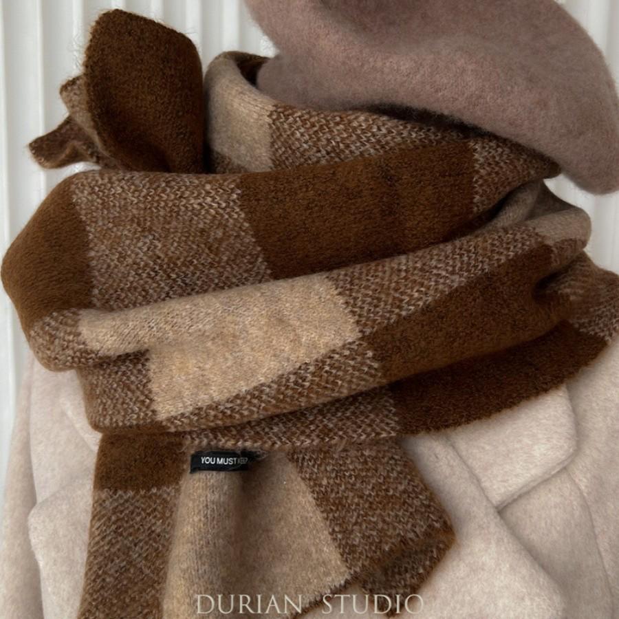 Women's Korean Style Wool Blend Camel Plaid Scarf - Versatile, Warm, High-End Gift