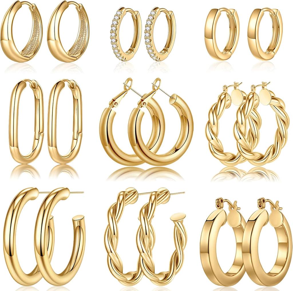 Yesteel 9 Pairs Gold Hoop Earrings for Women,Gold Plated Chunky Hoop Earrings Set for Women Hypoallergenic Thick Lightweight Earring for Womens