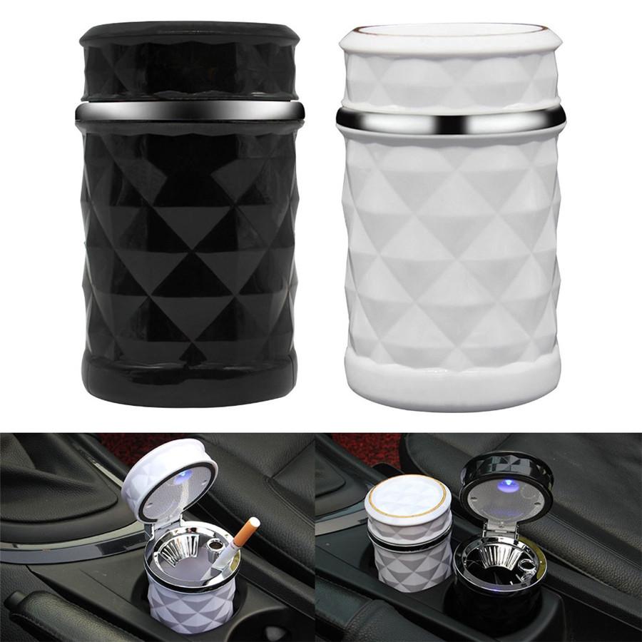 Portable Mini White Car Ashtray Cigarette Cylinder Holder With Blue LED Light