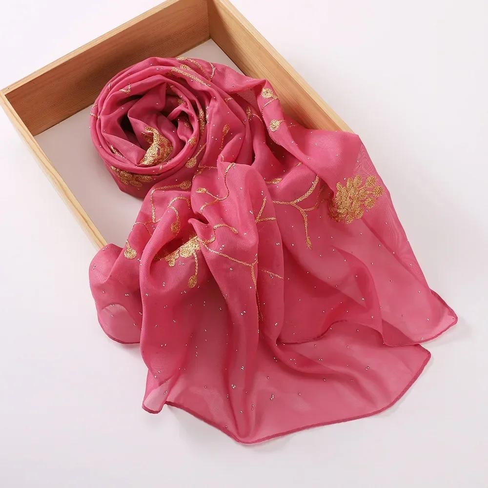 New Embroidered Diamond Chiffon Hijab Scarf Women Luxury Soft Plain Shawl For Women Muslim Hijabs For Women Turban Femme Bandana