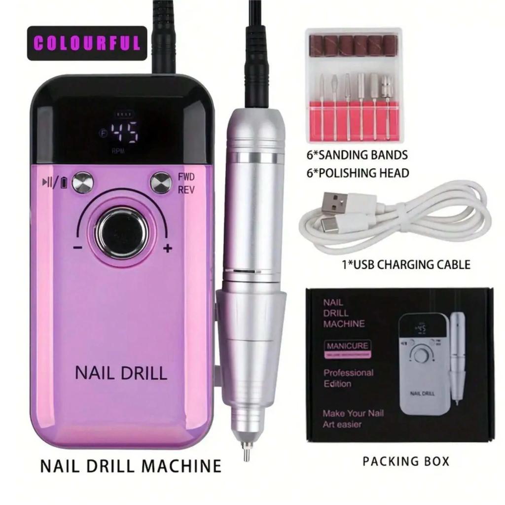 Mașină de găurit unghii, 45000 rpm, pentru manichiură, cu afișaj LCD, șlefuitor de unghii, strung de unghii reîncărcabil, găuritor electric fără fir pentru gel