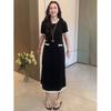 Plus Size French Round Neck Color Block Short Sleeve Dress - Elegant Summer Slimming Long Skirt for Women