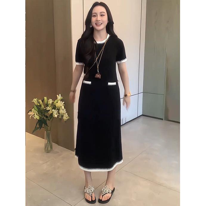 Plus Size French Round Neck Color Block Short Sleeve Dress - Elegant Summer Slimming Long Skirt for Women