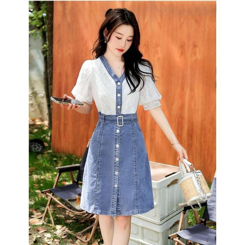 Fashionable Summer Women Dress Small Fragrance Style Lace Patchwork Denim V-Neck Unique Design