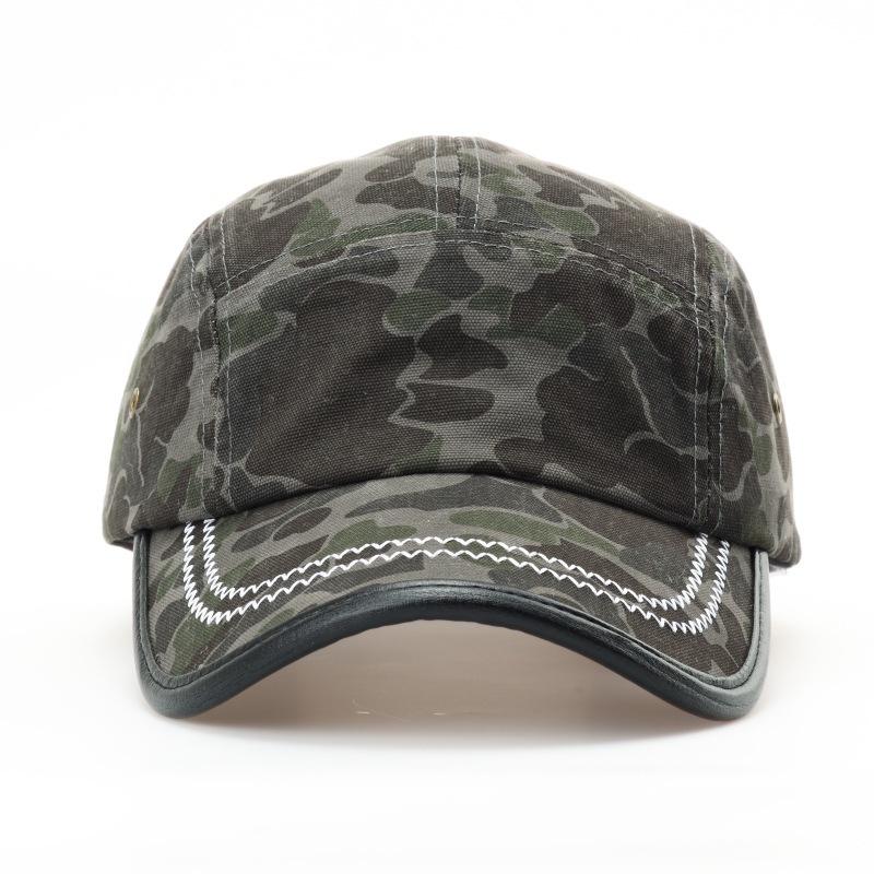 Fashion Hat vintage American camouflage leather edge baseball cap, unisex workwear style five-piece baseball cap, face-enhancing small bun cap