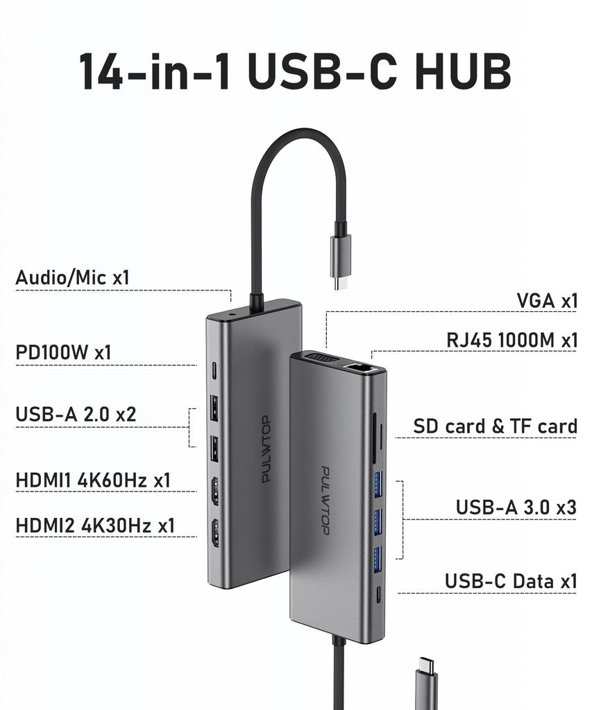 PULWTOP 4k Hd.mi VGA Pd100w Usb c Docking Station Dual Monitor RJ45 Usbc Hubs Phone Docking Ethernet c 11/12 in 1 Usb Type c Hub