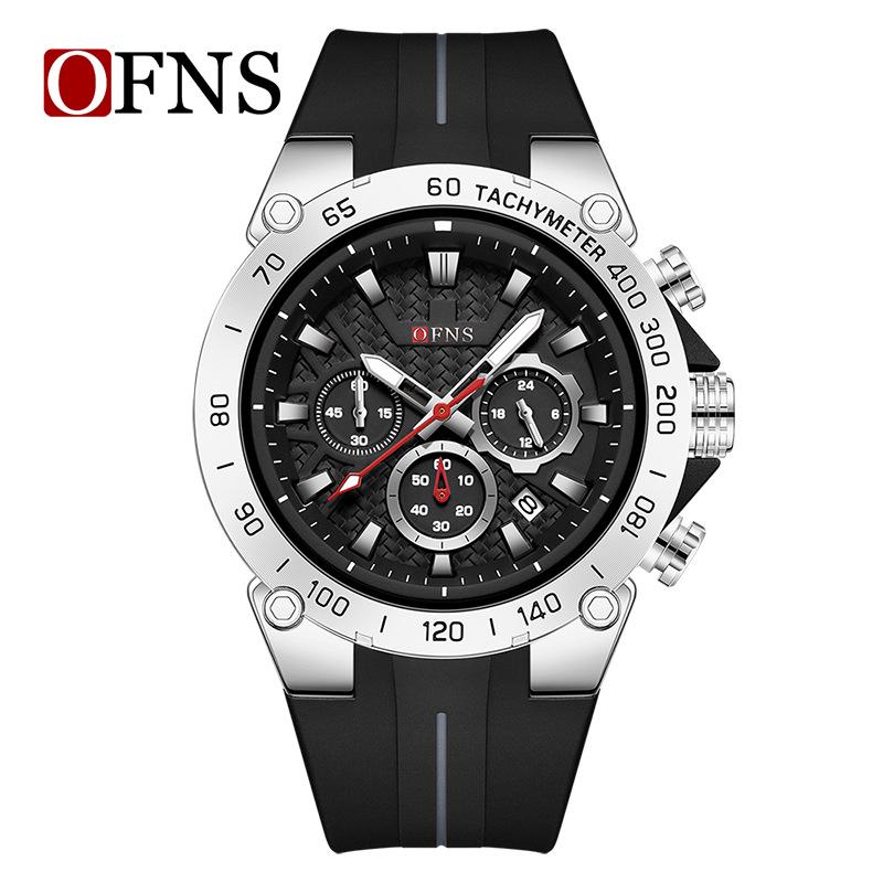 Oufanny Men's Fashionable Multifunctional Waterproof Quartz Watch with Calendar, Three Dials, Six Hands, and Cool Color Blocking