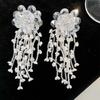 Luxury Floral Tassel Earrings Rhinestone White Flower Earrings Elegant Long Ear Drop  Birthday