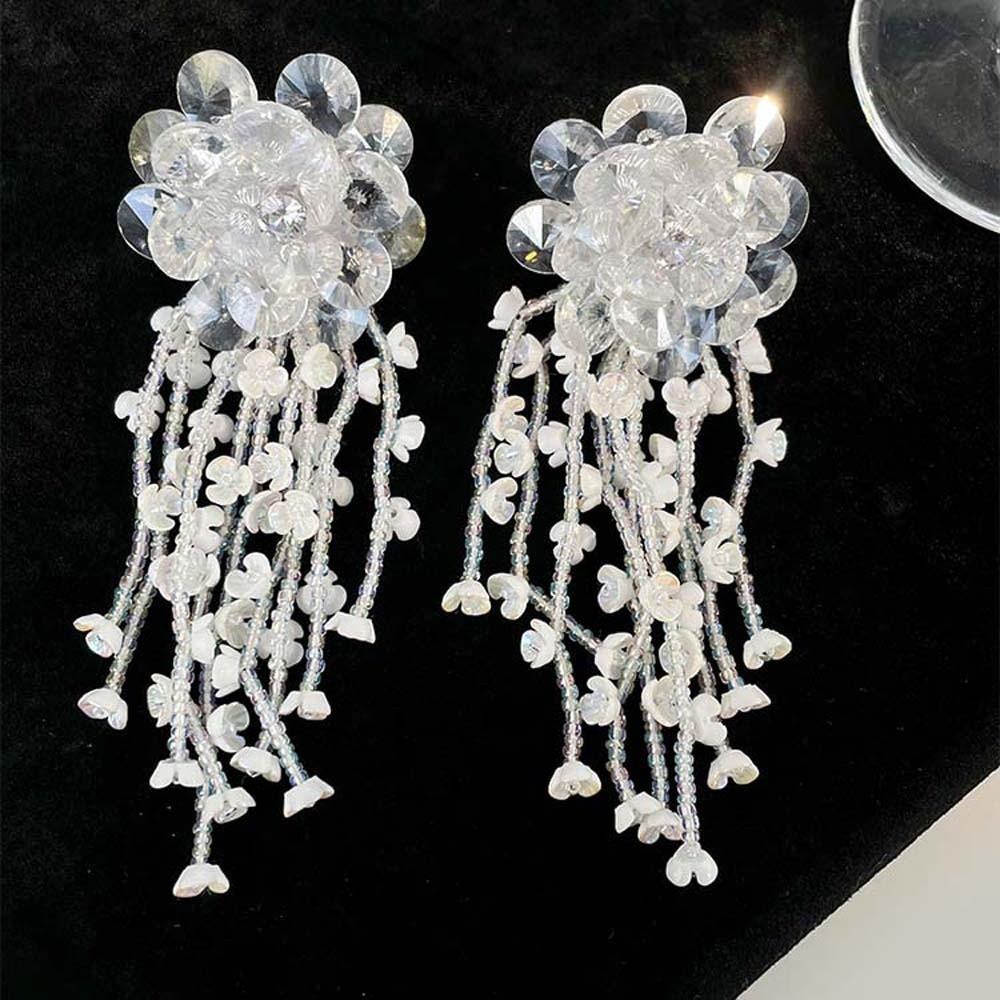 Luxury Floral Tassel Earrings Rhinestone White Flower Earrings Elegant Long Ear Drop  Birthday