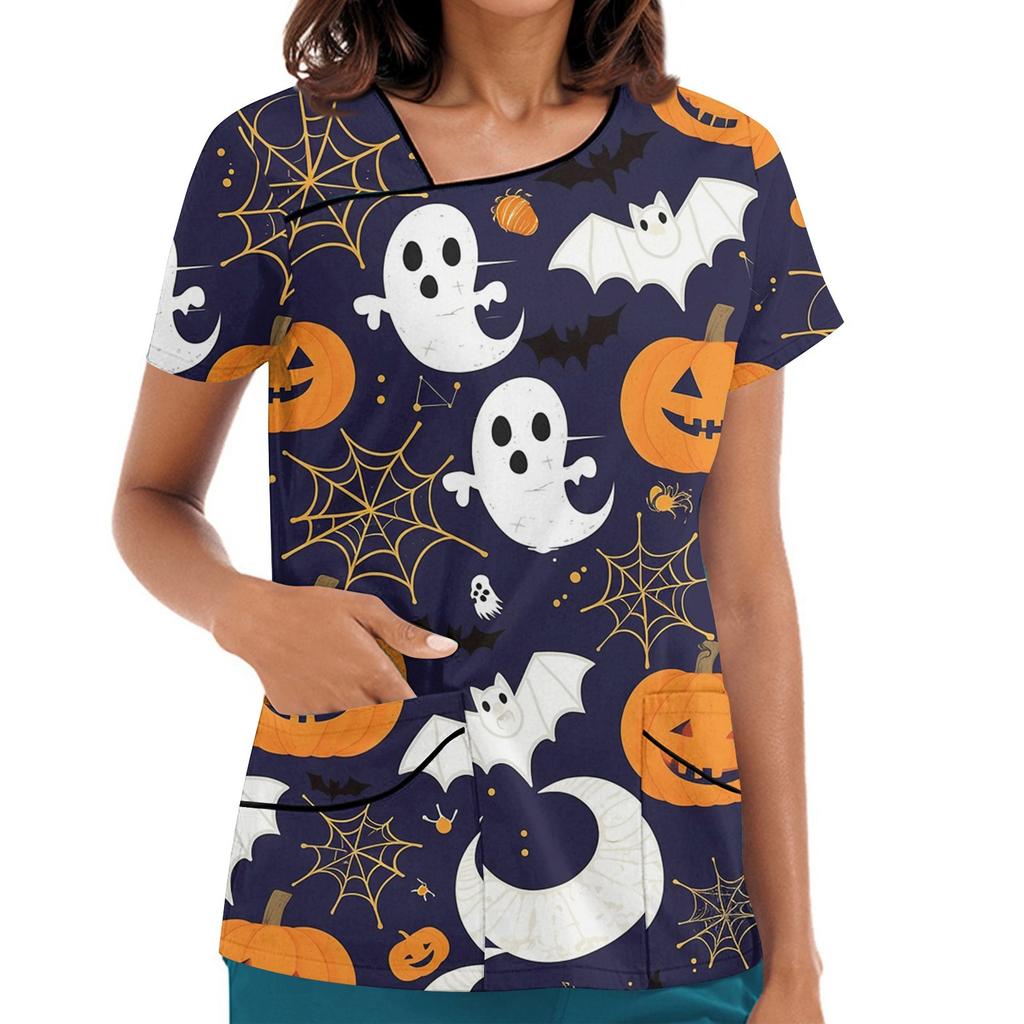 Dámské potištěné pracovní oblečení, šikmý límec a dvojité kapsy, základní top pulovr