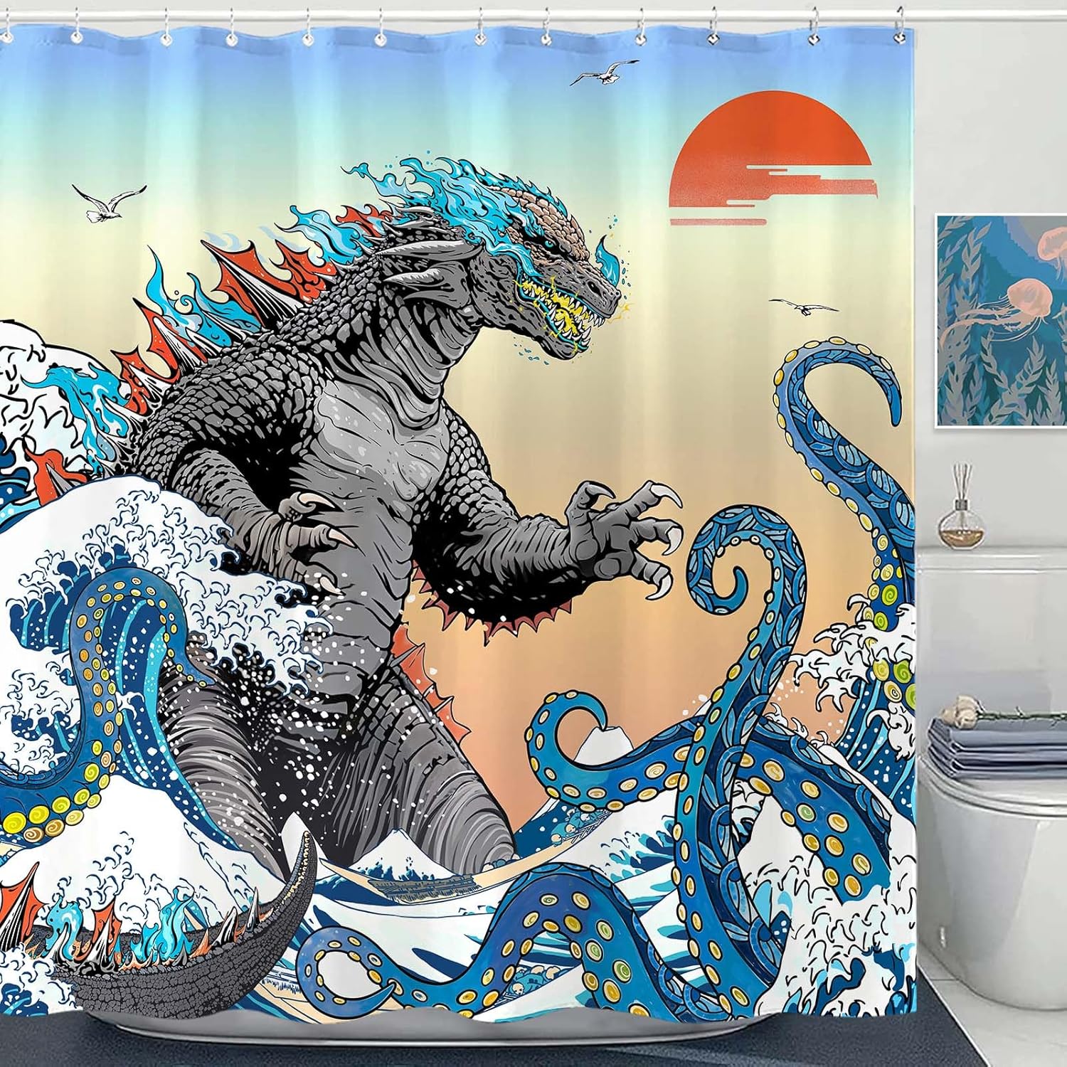 

Funny Dinosaur Shower Curtain Fun Cool Japanese Monster Shower Curtains For Bathroom Kids Boys Cartoon Dino Silhouette Shadow W60H190(CM)-1 Pcs