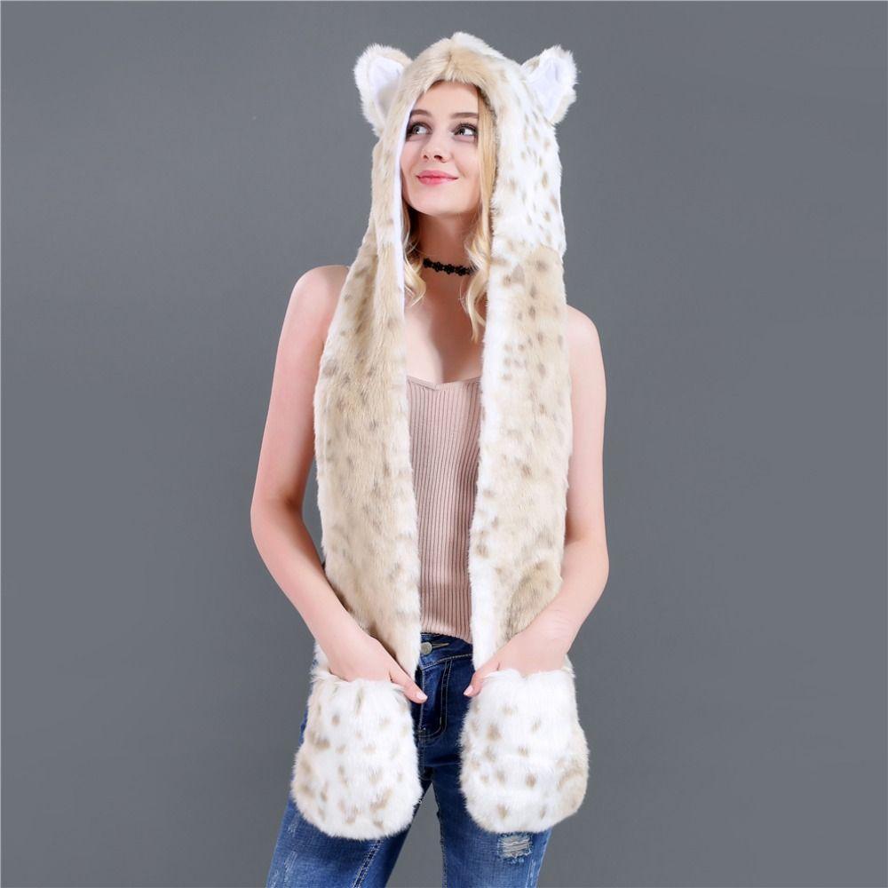 Fluffy Plush Scarf Gloves Hat Set Warm Animal Hat Windproof Winter Cap  Outdoor