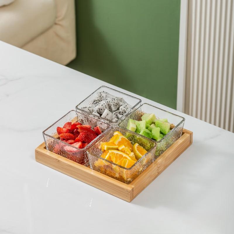 

Hammered Glass Divided Serving Platter with Wood Tray
