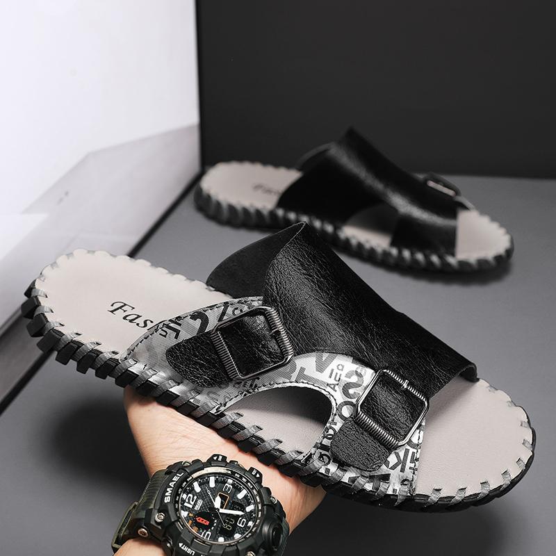 Fashion Men's Leather Personalized Double Buckle Slippers Fashion Luxury Brand Outdoor Sandals Handmade Designer Casual Shoes Walking