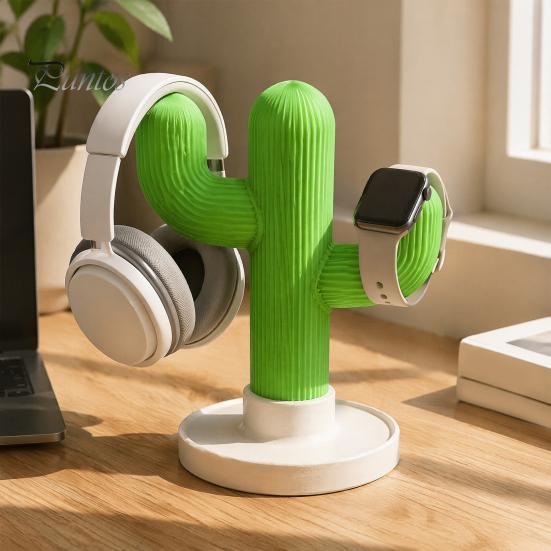 Creative Cactus Ornament Headphone Stand And Watch Holder, Desktop Organizer with Cable Storage Office Desk Accessories Tray, 3D Printed Display Rack