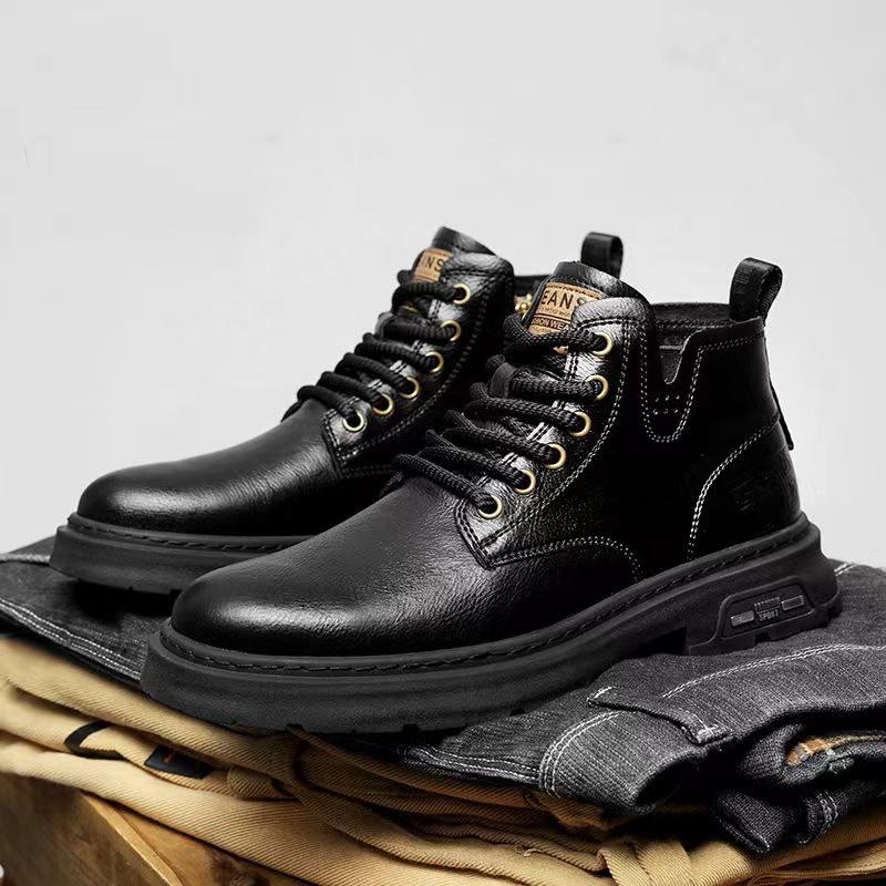 Men's Retro British-Style High-Top Leather Boots: Breathable, Trendy, Versatile Martin Boots with Thick Soles