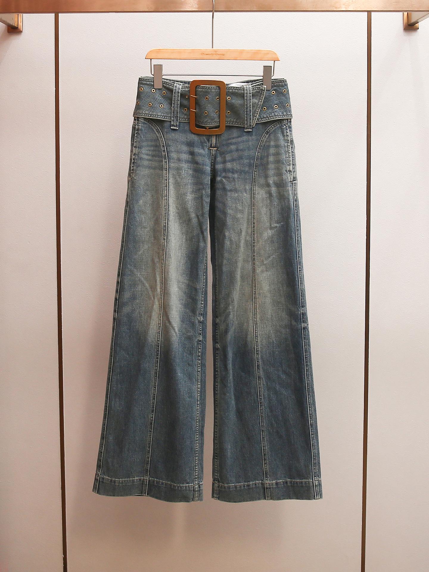 

Retro Casual Belted Slimming Distressed Straight Leg Jeans for Women - Spring Collection Large