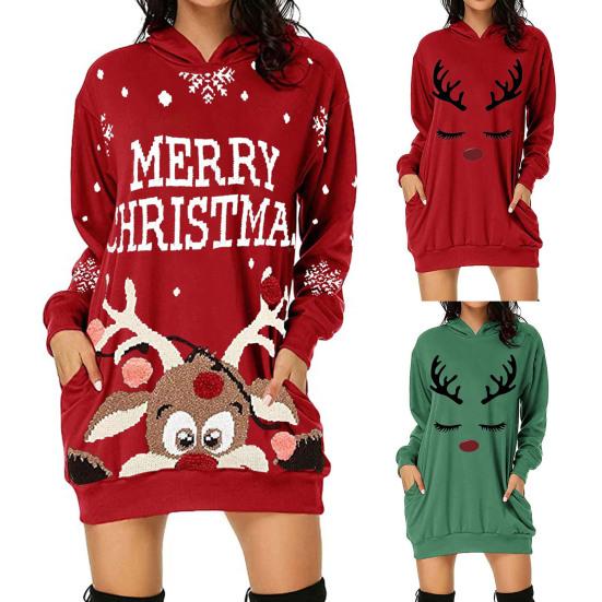

Термоусадочный подол Рождественская толстовка Популярная холодная повседневная рога Принт Леди Пуловер L