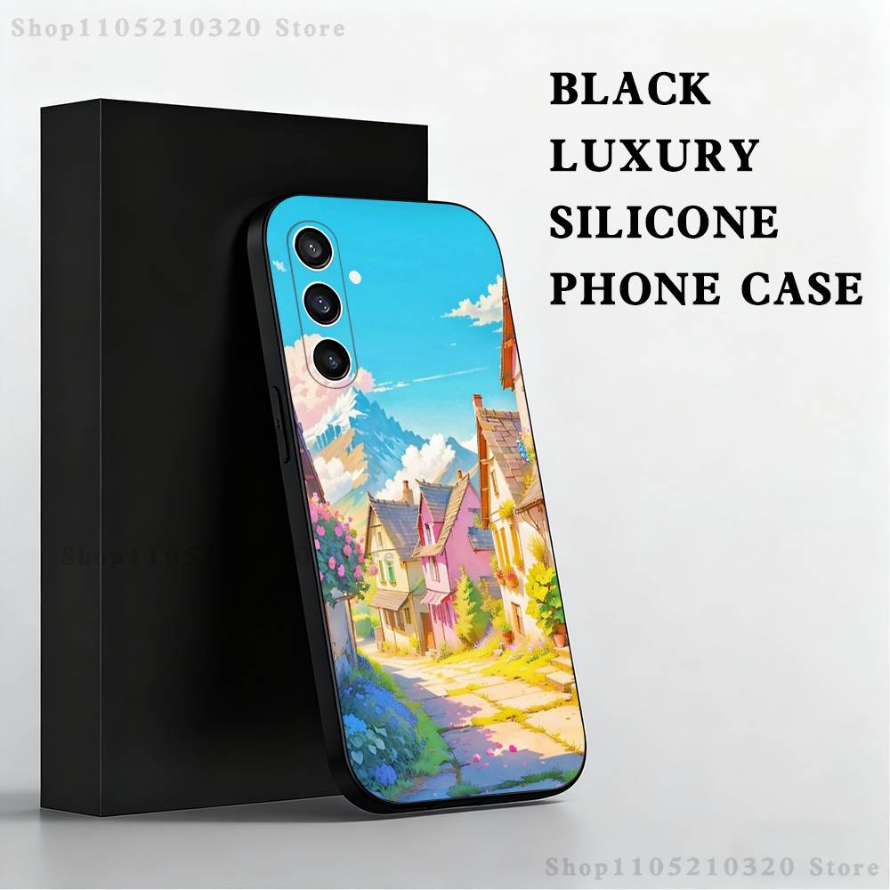 Stylized Houses Painting Phone Case For Samsung S 25,24,23,22,30,21,10,9,Ultra,Plus,Lite,FE,4,5 G Black Soft Case
