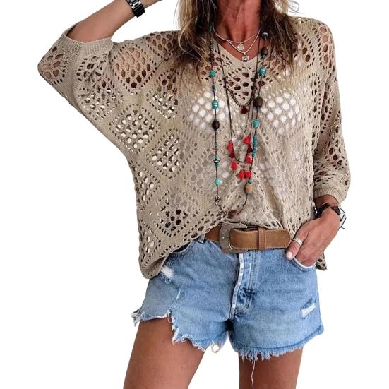 Women Tops Solid V-Neck 45720 Sleeve Knitting Color Loose Fit Cover